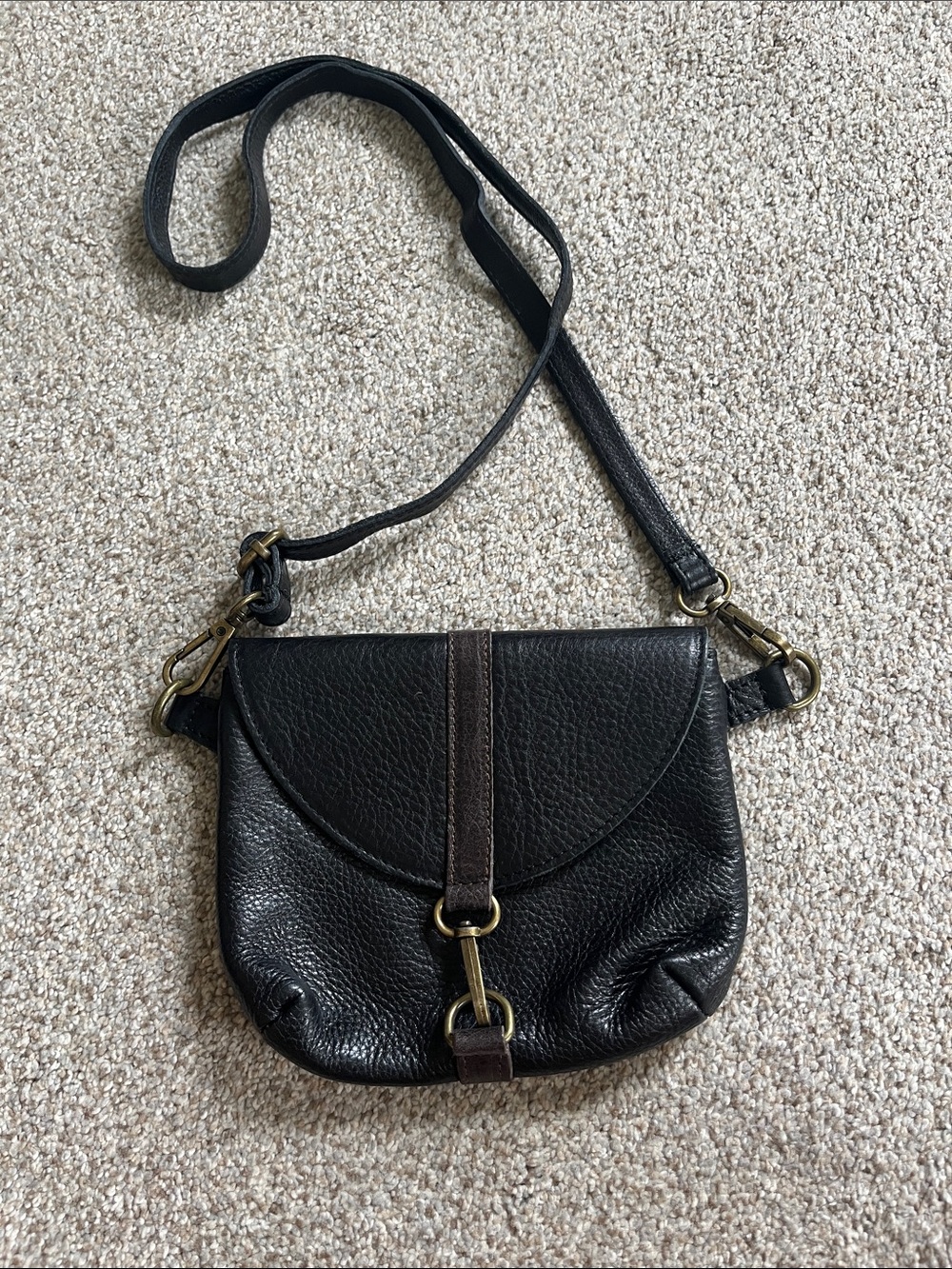 Vintage Italian Genuine Black Leather Crossbody Bag with Antique Brass Hardware